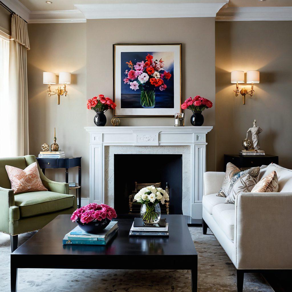 An elegant living room showcasing a variety of upscale seating options, from a regal throne-like armchair to chic contemporary sofas. The room is adorned with luxurious fabrics and textures, vibrant throw pillows, and modern art on the walls. Soft, ambient lighting enhances the sophisticated atmosphere, inviting viewers to explore the transformation of styles. A stylish coffee table is centered, filled with decorative books and a vase of fresh flowers. super-realistic. vibrant colors. soft lighting.