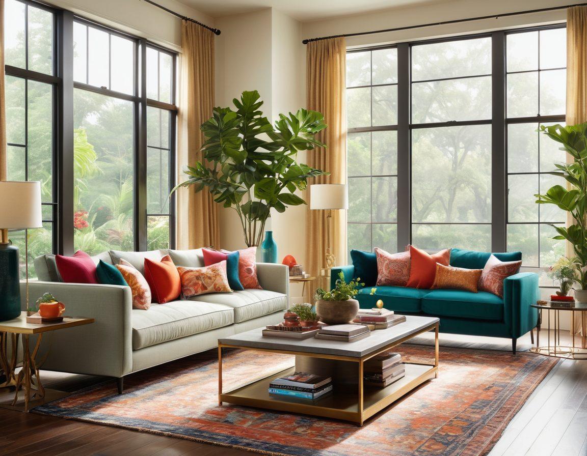 A beautifully decorated living room featuring elegant, modern seating options that radiate luxury and style. Incorporate vibrant cushions in various textures, a chic coffee table, and eye-catching decor elements, all surrounded by natural light streaming through large windows. Include greenery like indoor plants to enhance the joyful atmosphere. super-realistic. vibrant colors. warm lighting.