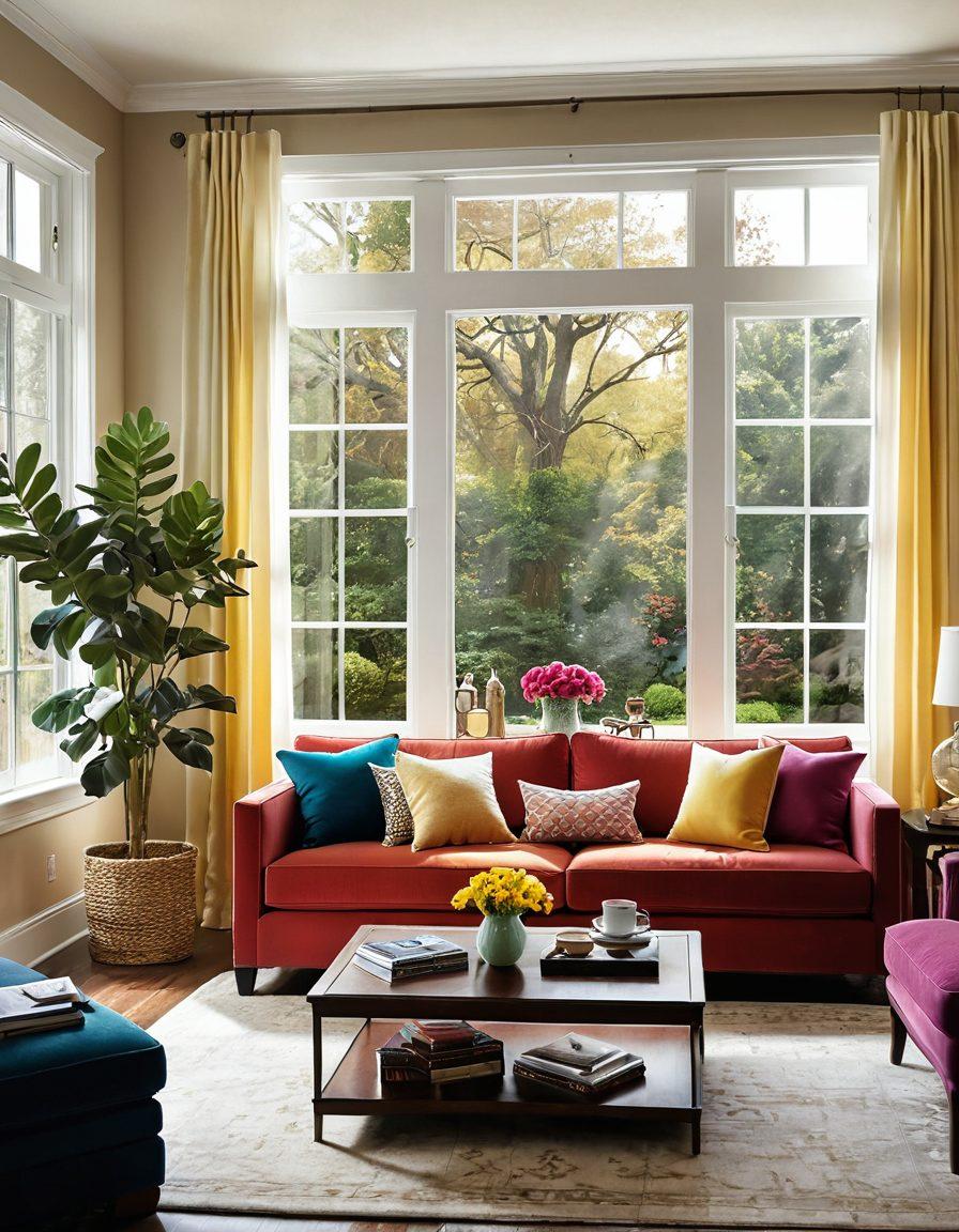 A cozy living room featuring a blend of luxurious and affordable furniture, such as a plush sofa adorned with colorful cushions, a stylish coffee table, and elegant decor. Soft, warm lighting enhances the ambiance, with a window showing a sunny day outside. The scene should evoke comfort and elegance simultaneously, inviting viewers to imagine their own homes transformed. super-realistic. warm, inviting colors.
